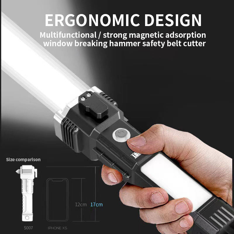 Torch Light, LED 3W Torch Light Rechargeable Torch Flashlight, Long Distance Beam Range Car Rescue Torch with Hammer Window Glass and Seat Belt Cutter Built